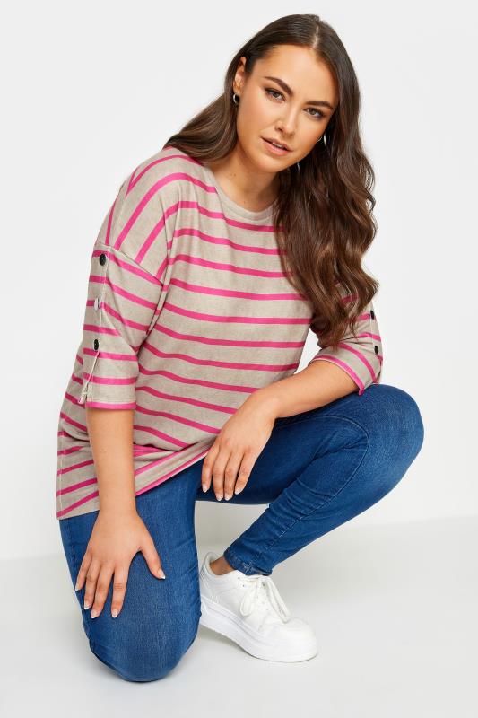 Plus Size  YOURS Curve Natural Brown & Pink Stripe Soft Touch Jumper