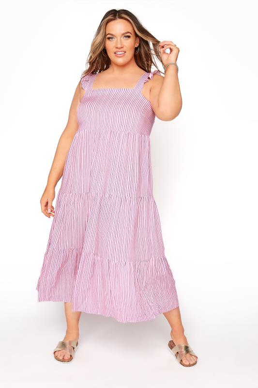 Plus Size  YOURS LONDON Pink Stripe Frill Tiered Maxi Dress