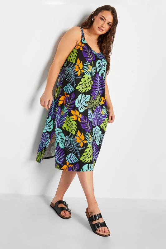  Grande Taille YOURS Curve Black Tropical Leaf Print Beach Dress