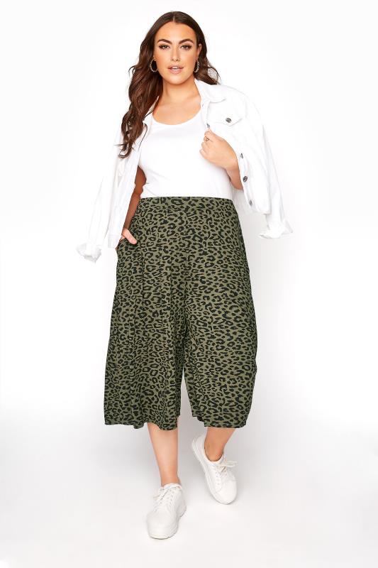 Plus Size  Khaki Leopard Print Culottes