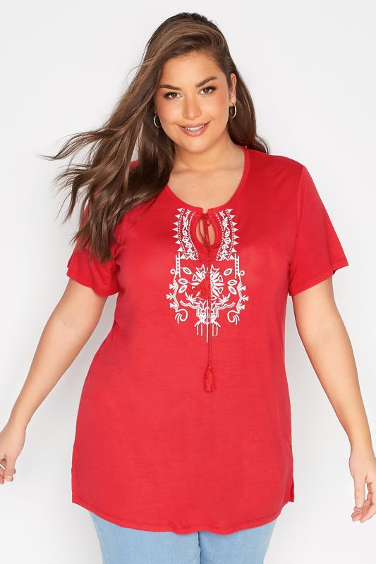 Plus Size  Curve Red Aztec Embroidered Tie Neck T-Shirt