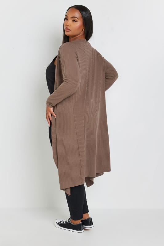 YOURS Plus Size Brown Ribbed Waterfall Maxi Cardigan | Yours Clothing  4