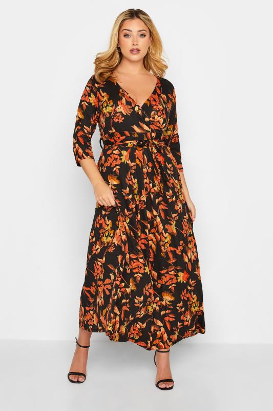 Curve Plus Size Orange & Black Leaf Print Maxi Wrap Dress | Yours Clothing  2