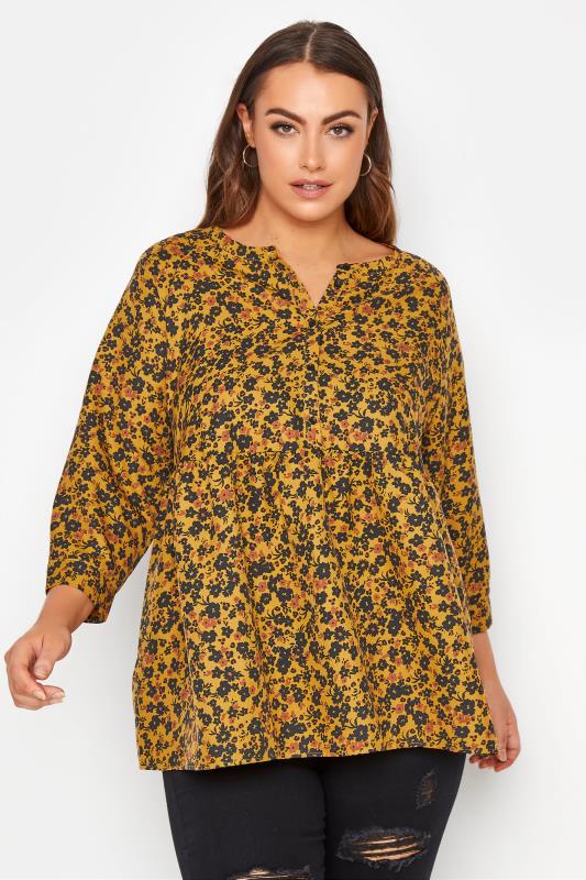 LIMITED COLLECTION Curve Yellow Floral Button Front Top_A.jpg