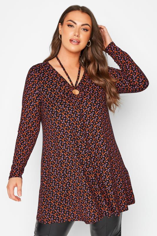 Plus Size Black Floral Ring Detail Swing Top | Yours Clothing 1