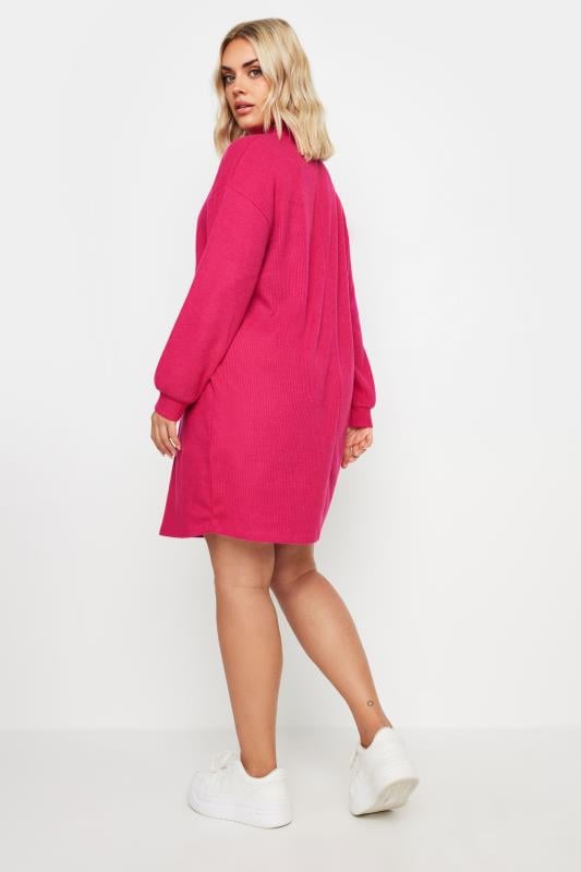 YOURS Plus Size Pink Ribbed Quarter Zip Jumper Dress | Yours Clothing 3