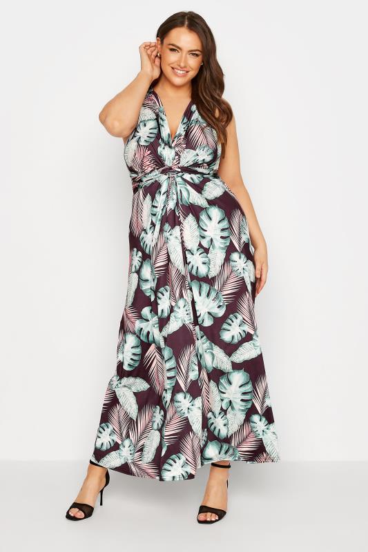 YOURS LONDON Curve Black Tropical Print Knot Front Maxi Dress_A.jpg