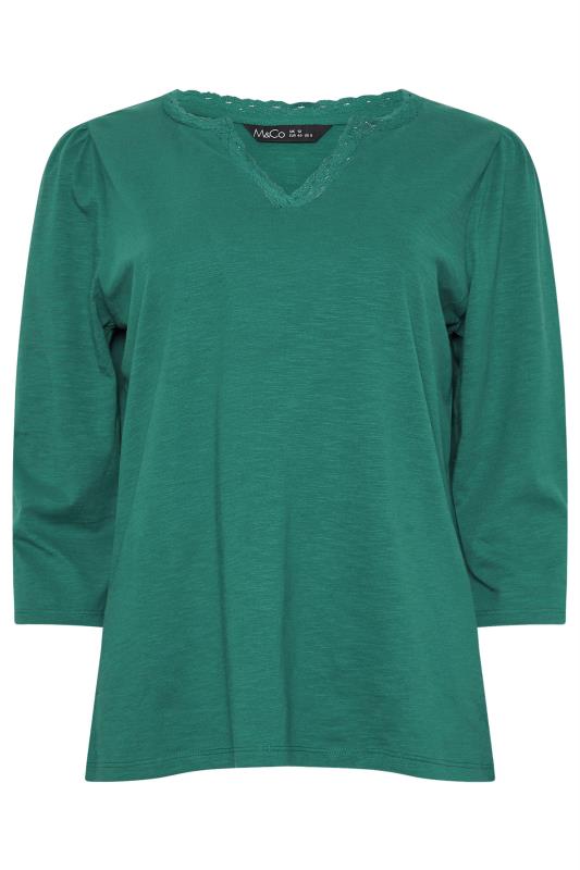 M&Co 2 PACK Teal Blue Floral Print & Plain Lace Trim Cotton T-Shirts | M&Co 9