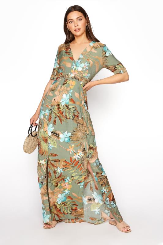 LTS Tall Green Tropical Wrap Front Maxi Dress 1