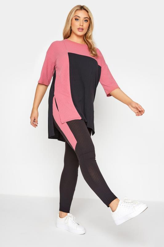 LIMITED COLLECTION Black & Pink Colour Block Rib Leggings_A.jpg