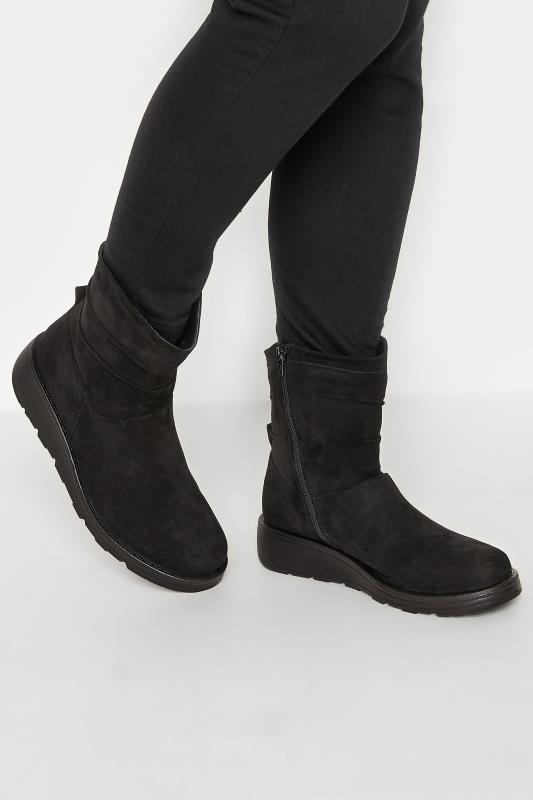 Curve Black Low Wedge Suede Boot In Wide E Fit  | Yours Clothing  1