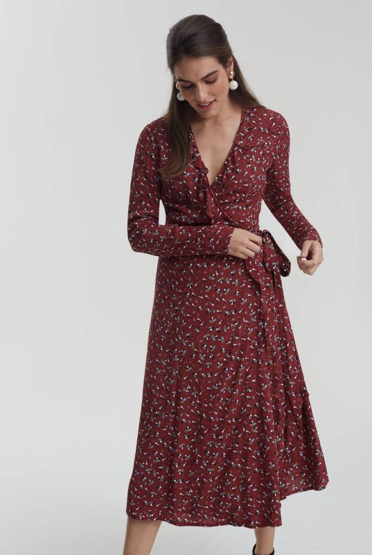 Burgundy Printed Ruffle Wrap Dress | Long Tall Sally