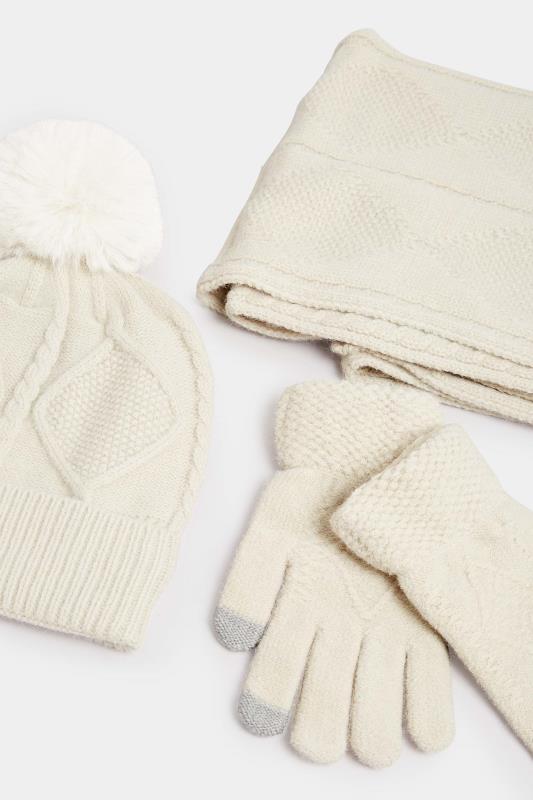 Cream Cable Knit Scarf Hat & Gloves Set 3