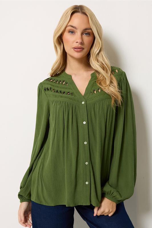 M&Co Khaki Green Crochet Long Sleeve Blouse | M&Co 1