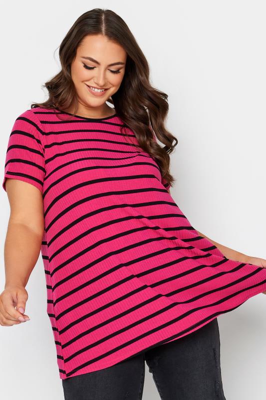 YOURS Curve Plus Size Hot Pink Stripe Ribbed Swing T-Shirt | Yours Clothing  1