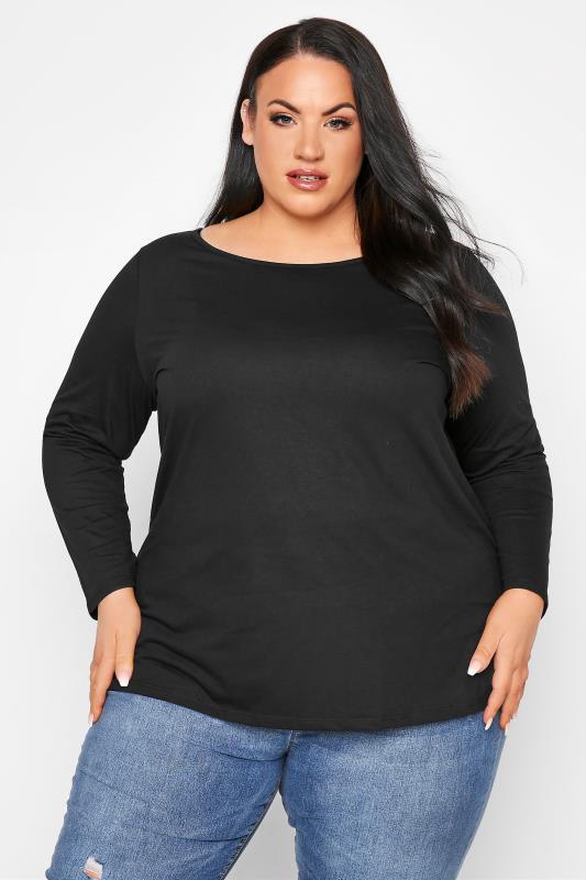Plus Size Black Cotton Long Sleeve T-Shirt | Yours Clothing 1