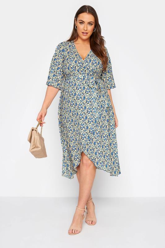 YOURS LONDON Plus Size Blue Ditsy Floral Wrap Dress | Yours Clothing 1