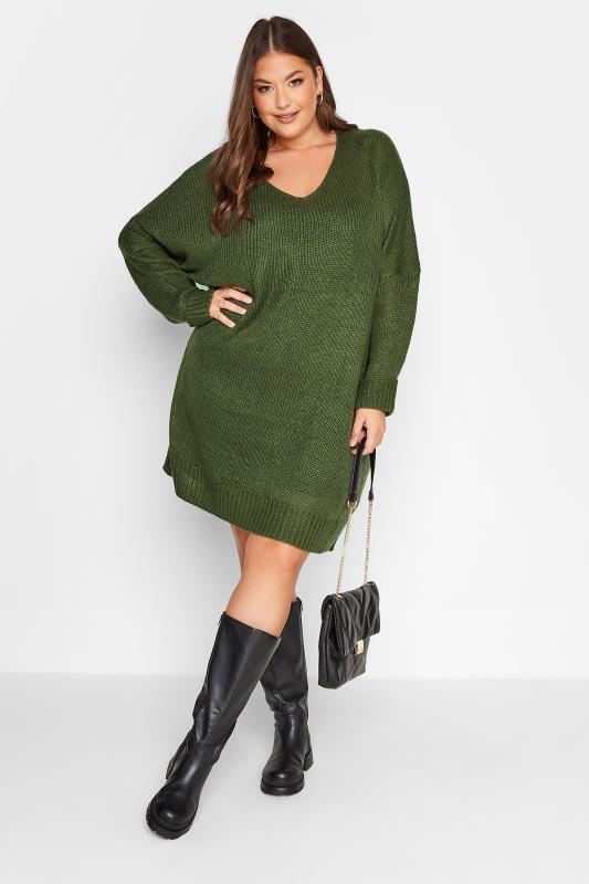 Plus Size Curve Khaki Green Drop Sleeve Knitted Jumper Dress | Yours Clothing 2