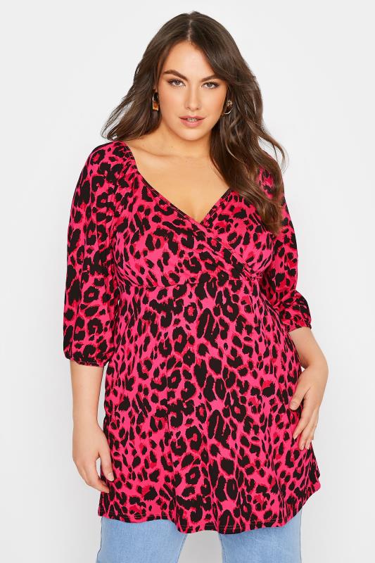 LIMITED COLLECTION Curve Hot Pink Leopard Print Wrap Top 1