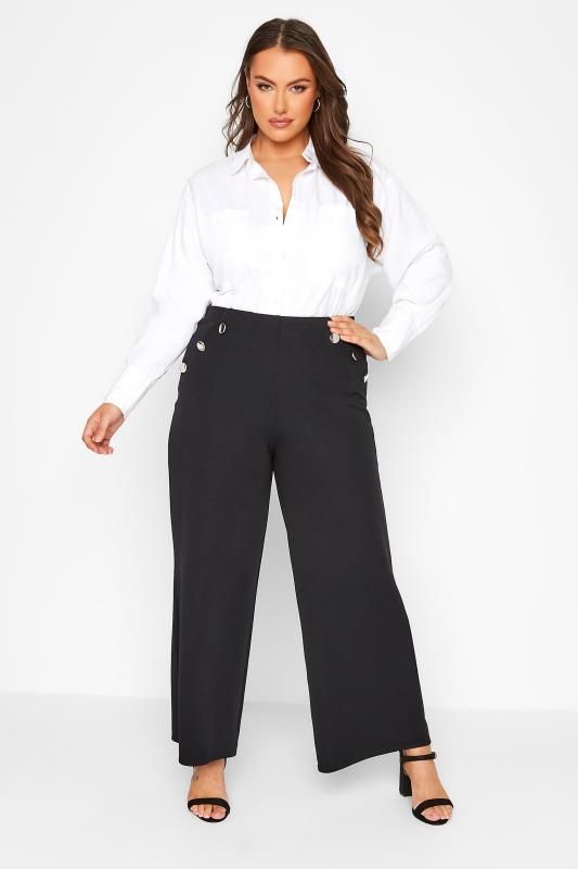 Plus Size Black Buttoned Wide Leg Stretch Trousers | Yours Clothing 2