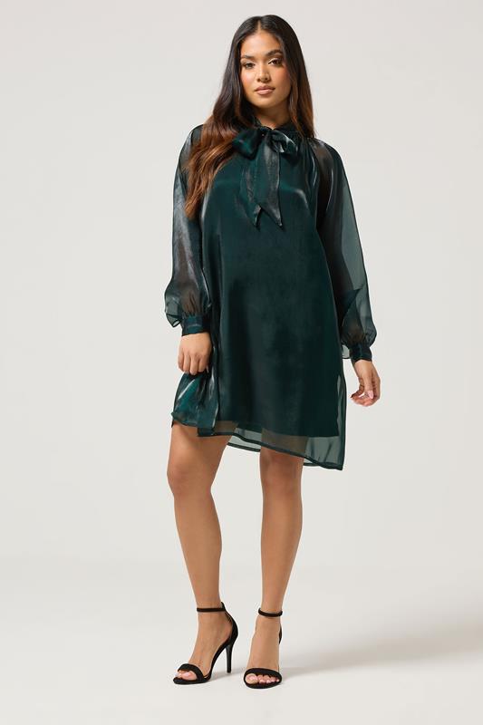 PixieGirl Petite Women's Dark Green Organza Tie Neck Dress | PixieGirl 2