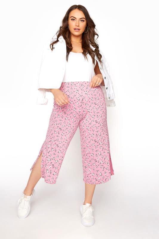 Plus Size  Pink Floral Side Split Culotte