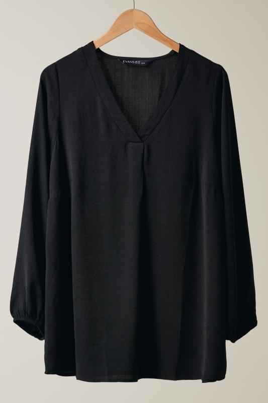 EVANS Plus Size Black Pleat Front Long Sleeve Blouse | Evans 5