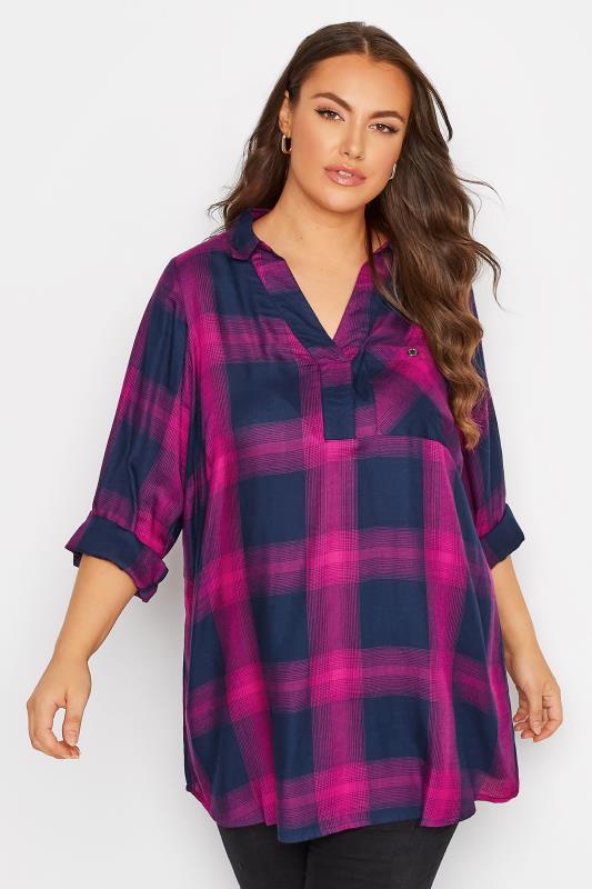  Tallas Grandes Curve Hot Pink Checked Overhead Shirt
