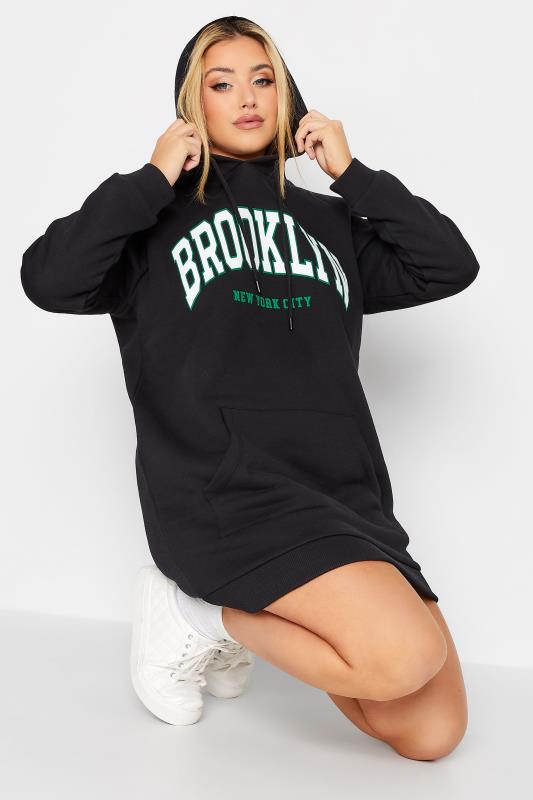 Plus Size Black 'Brooklyn' Slogan Hoodie Dress | Yours Clothing 2