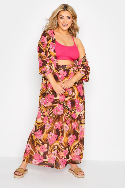 Plus Size Brown Marble Floral Print Side Split Beach Skirt | Yours Clothing 3