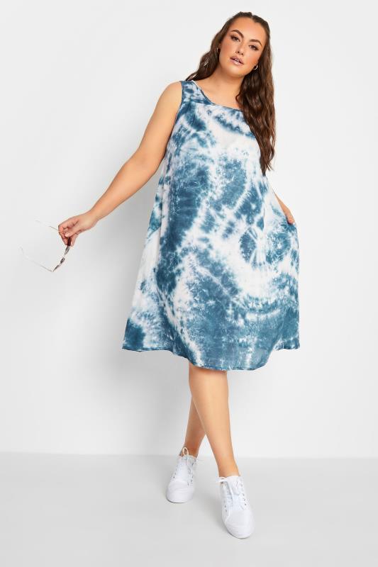 Plus Size  YOURS Curve Dark Blue Tie Dye Print Swing Dress