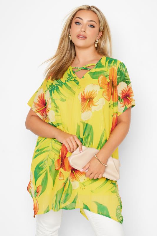 Plus Size  Curve Yellow Tropical Print Cross Front T-Shirt