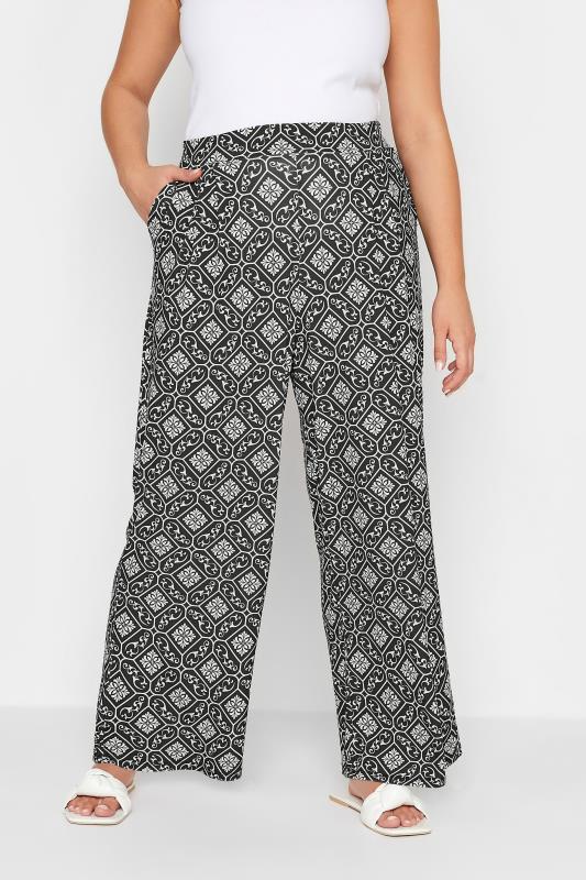 YOURS Curve Plus Size Black Pleated Tile Print Stretch Wide Leg Trousers | Yours Clothing  1