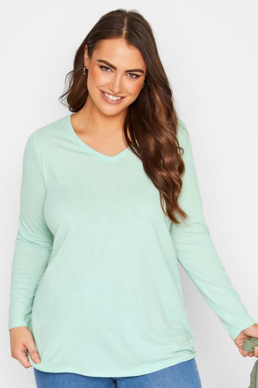 YOURS Plus Size Mint Green Long Sleeve V-Neck T-Shirt | Yours Clothing 1