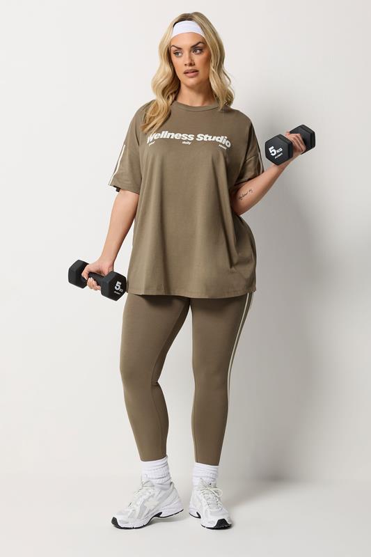 YOURS ACTIVE Plus Size Brown Side Stripe Leggings | Yours Clothing 2
