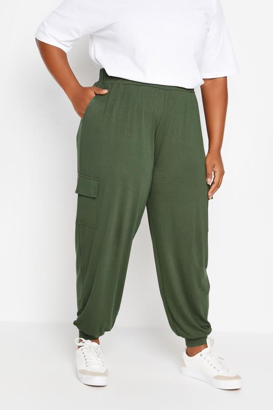 YOURS Plus Size Khaki Green Cargo Pocket Harem Joggers | Yours Clothing 1