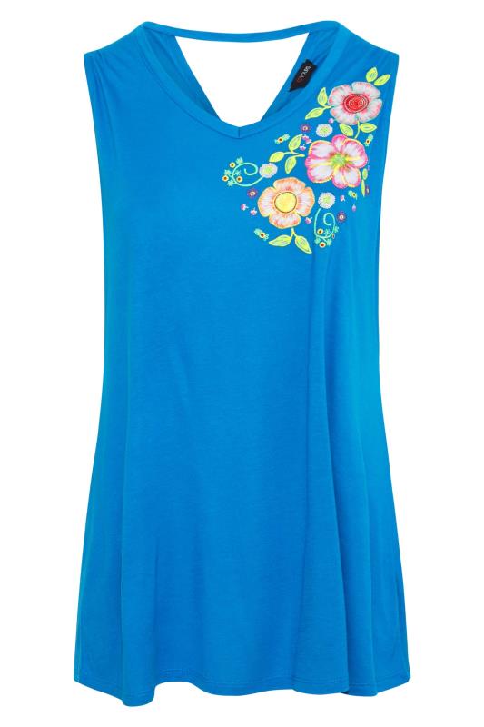Plus Size Blue Embroidered Floral Detail Vest Top | Yours Clothing 6