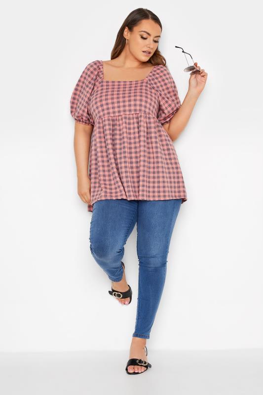 LIMITED COLLECTION Curve Pink Gingham Square Neck Smock Top 2