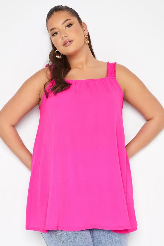 LIMITED COLLECTION Plus Size Hot Pink Shirred Strap Vest Top | Yours Clothing 1