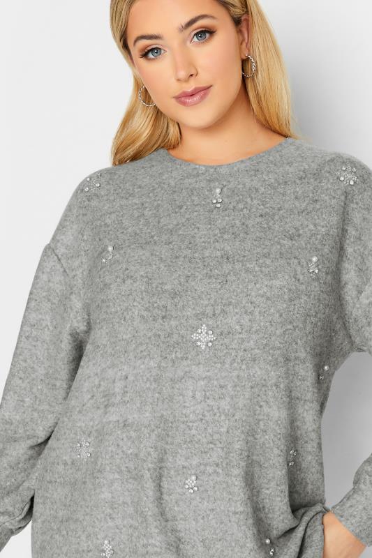YOURS LUXURY Curve Grey Pearl & Stud Embellished Soft Touch Puff Sleeve Top | Yours Clothing 4