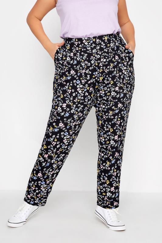 Plus Size Black Pastel Floral Jersey Joggers | Yours Clothing 1