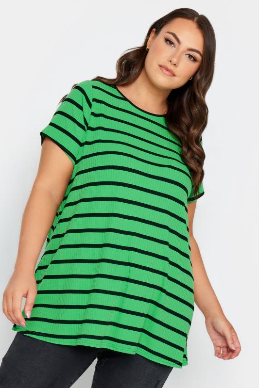 YOURS Curve Plus Size Green Stripe Ribbed Swing T-Shirt | Yours Clothing