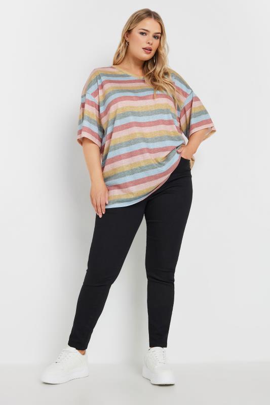 YOURS Plus Size Pink Striped V-Neck T-Shirt | Yours Clothing 2