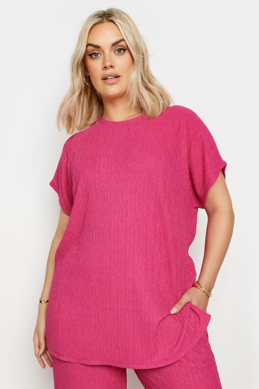YOURS Plus Size Pink Crinkle Plisse T-Shirt | Yours Clothing 1
