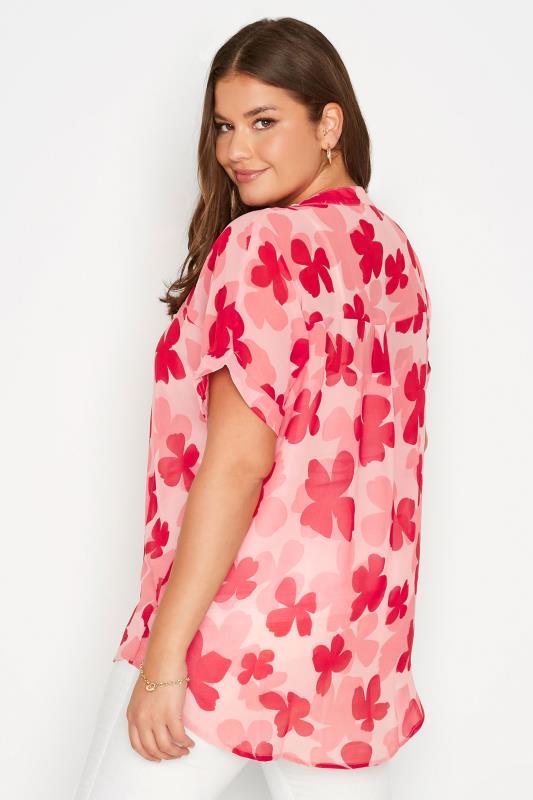 Curve Pink Floral Print Grown On Sleeve Chiffon Shirt 4
