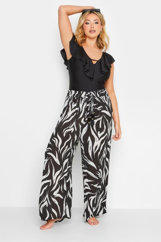 Plus Size Black Animal Print Wide Leg Beach Trousers | Yours Clothing 4