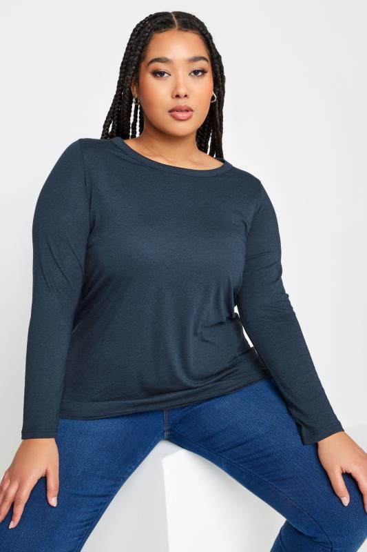 YOURS Plus Size Navy Blue Marl Long Sleeve Top | Yours Clothing 1
