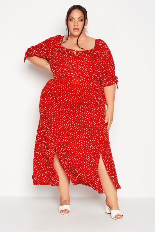LIMITED COLLECTION Plus Size Red Spot Print Milkmaid Side Split Maxi Dress | Yours Clothing  1