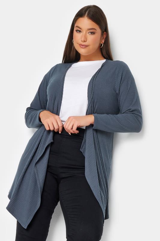 Plus Size  YOURS Curve Grey Ribbed Waterfall Cardigan