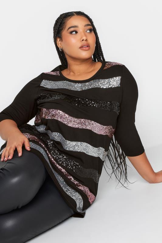 Plus Size  YOURS Curve Black Sequin Embellished Stripe Top